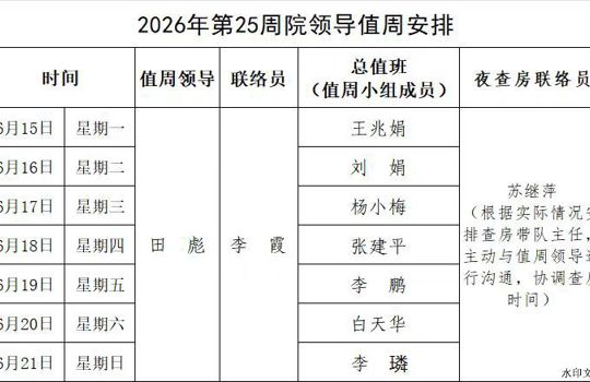 2026年第25周院领导值周安排